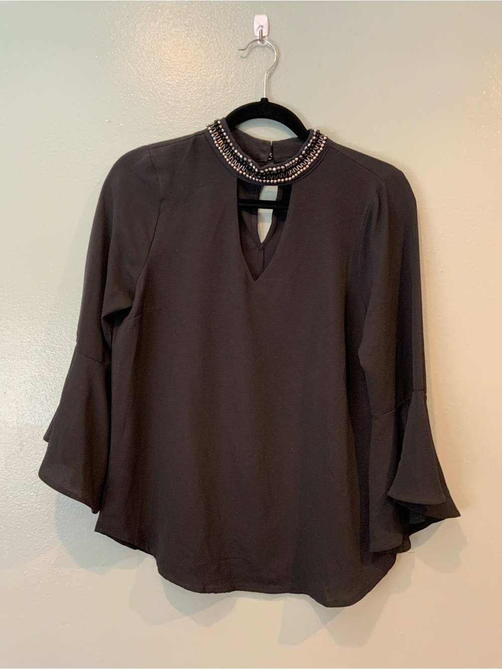 meraki Dark Grey Beaded-Collar Bell Sleeve Blouse
